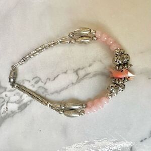 Pink and silver double strand bird bracelet